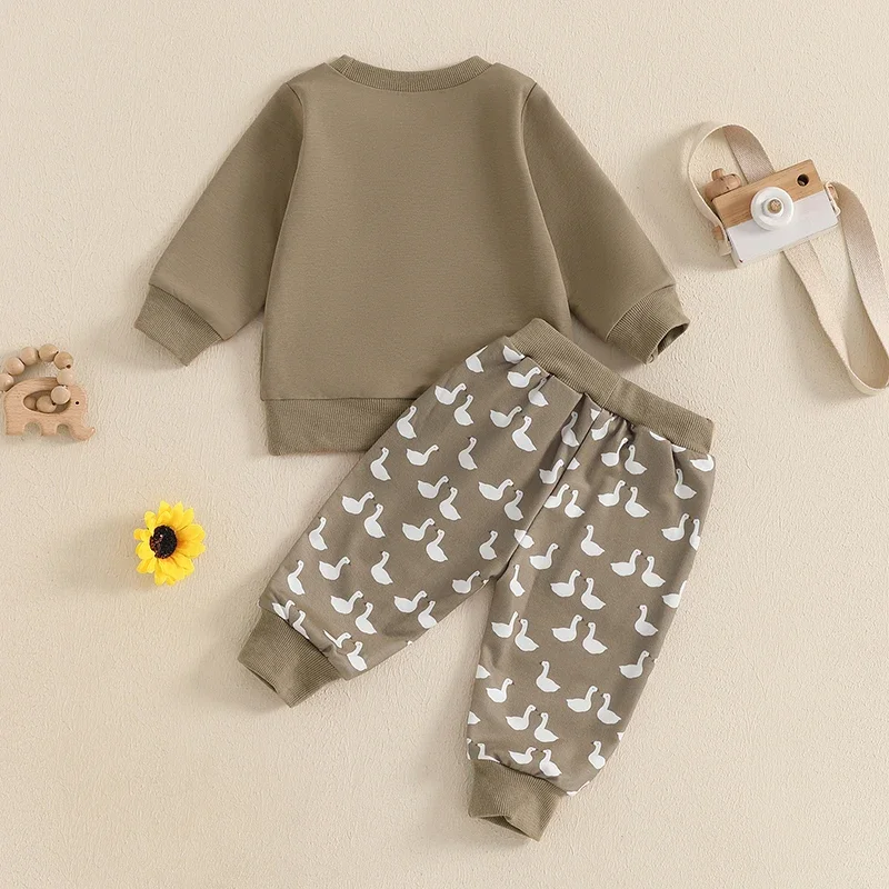 2Pcs Autumn Baby Boys Clothes Sets Toddler Long Sleeve Duck Embroidery Pullover Elastic Band Pants Casual Clothing Outfit