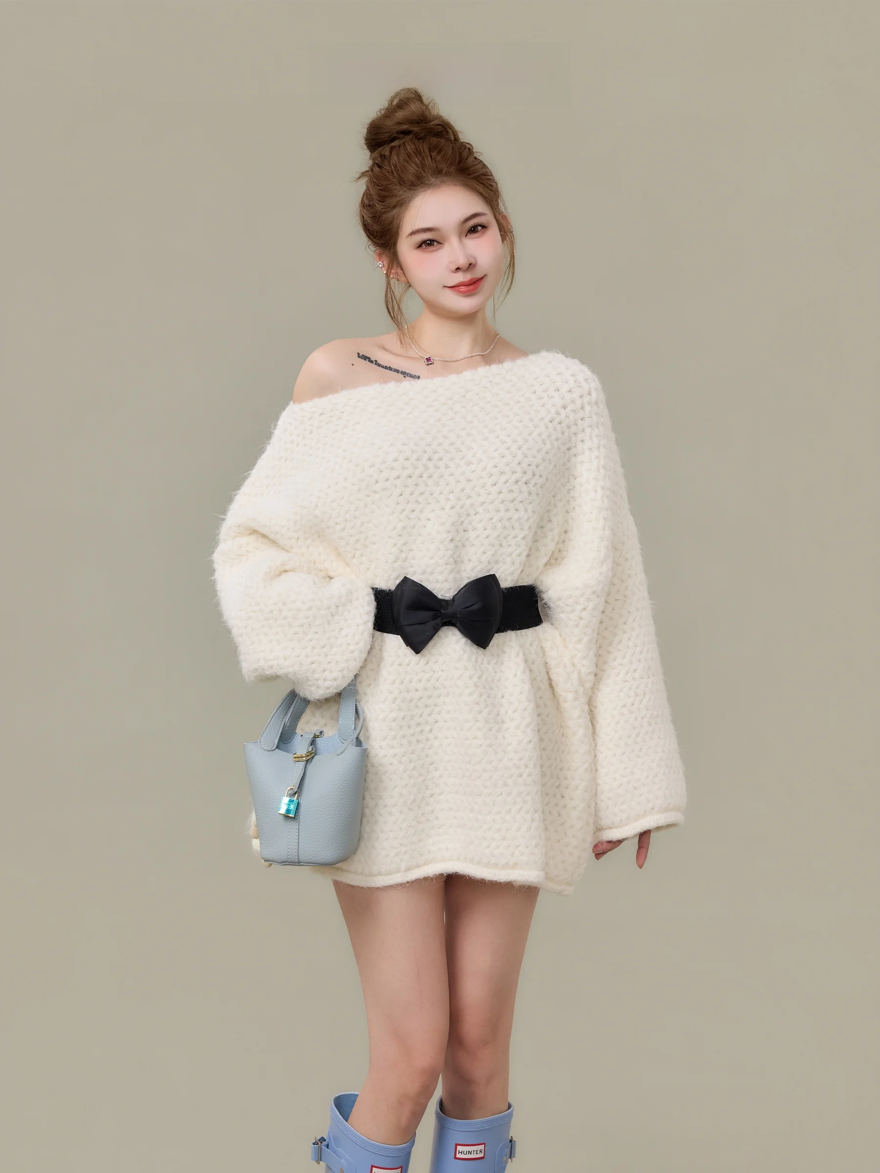 

Мягкий и уютный женский вязаный свитер с бантом на плече, приталенный, свободного кроя, осенне-зимний, модный, повседневный, шикарный топ