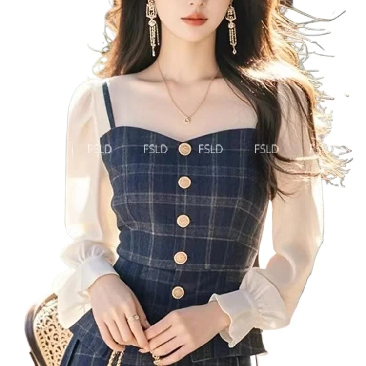 

Осенний комплект одежды 2025: темно-синий клетчатый топ + платье в клетку, комплект из двух предметов для женской одежды