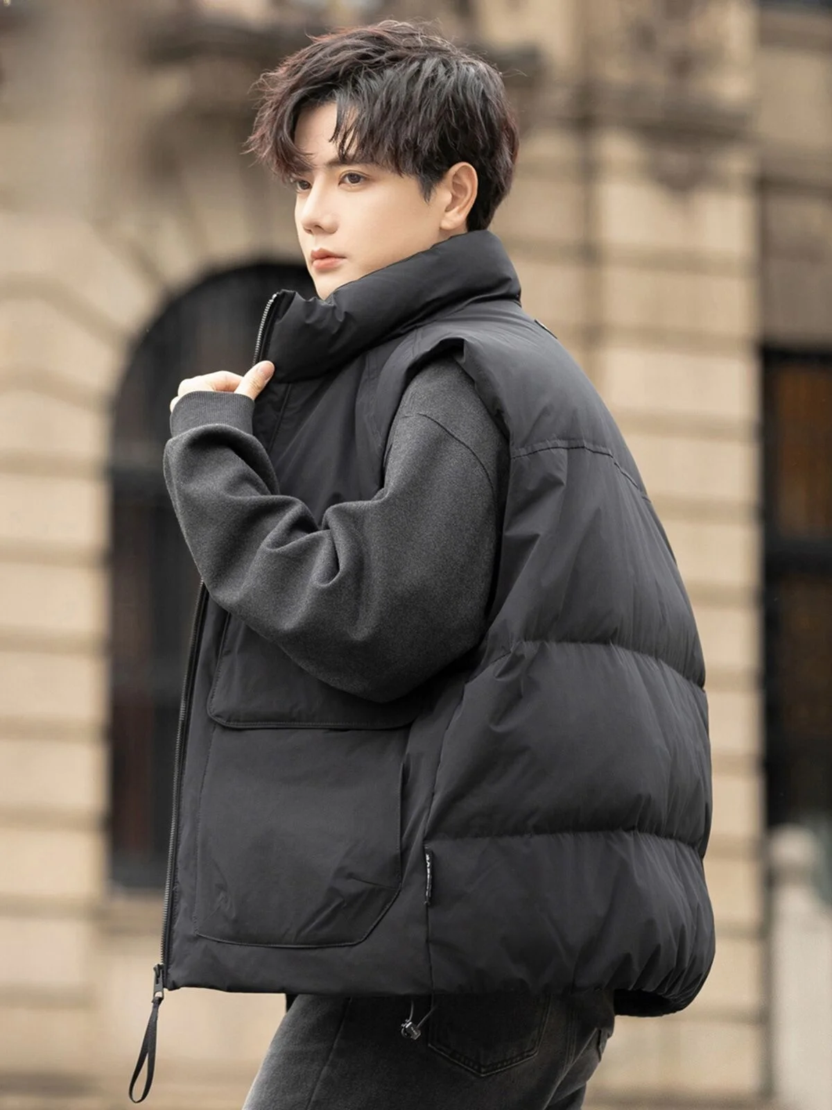 

Мужской зимний пуховый жилет с утеплением, теплый, с воротником-стойкой, молодежный модный стиль, верхняя одежда из полиэфирного волокна