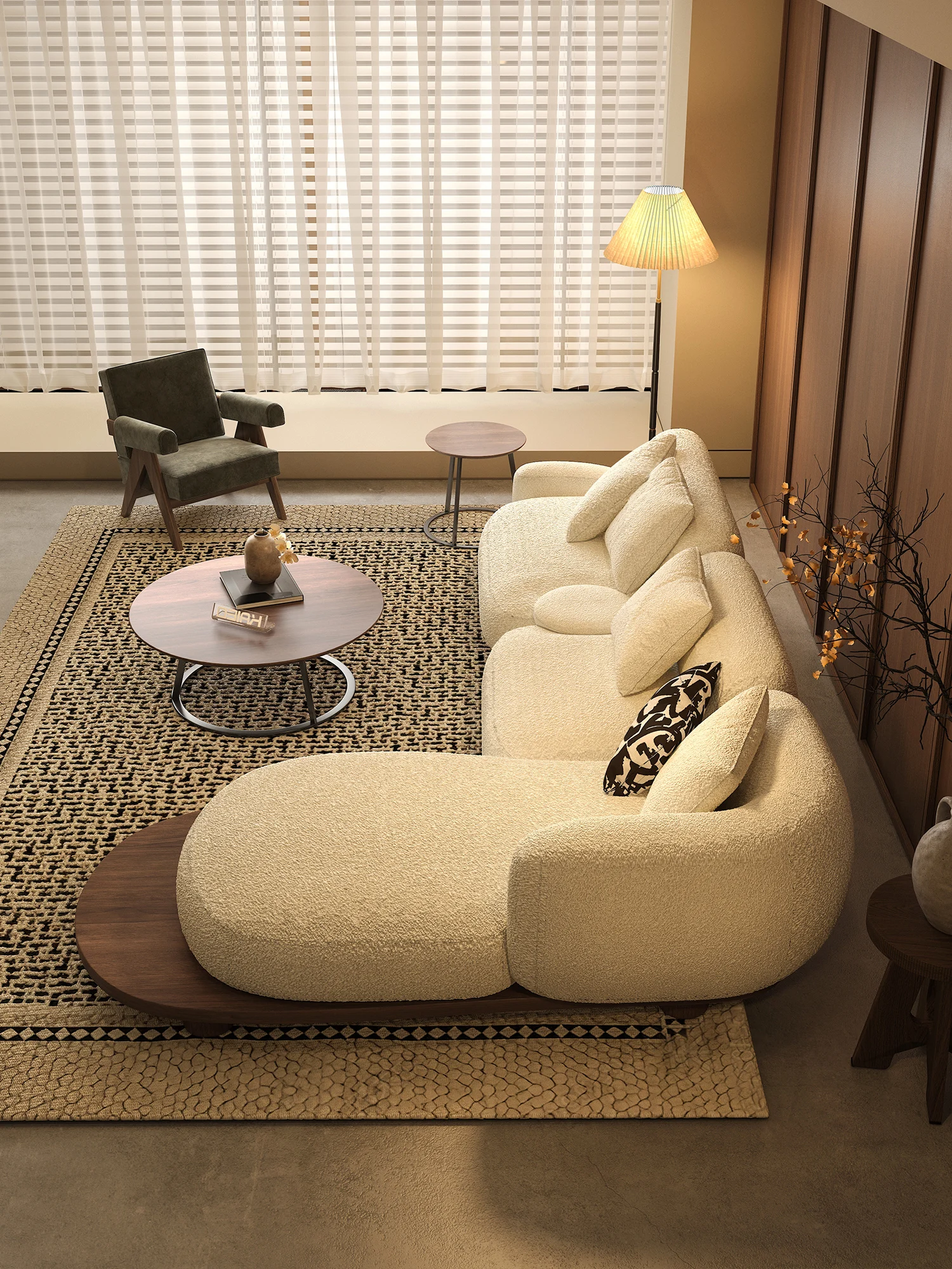 Cream Boucle Curved Sectional Sofa With Chaise Pillow Backrest Walnut Finish Wood Base Deep Seat Japandi For Living Room Villa