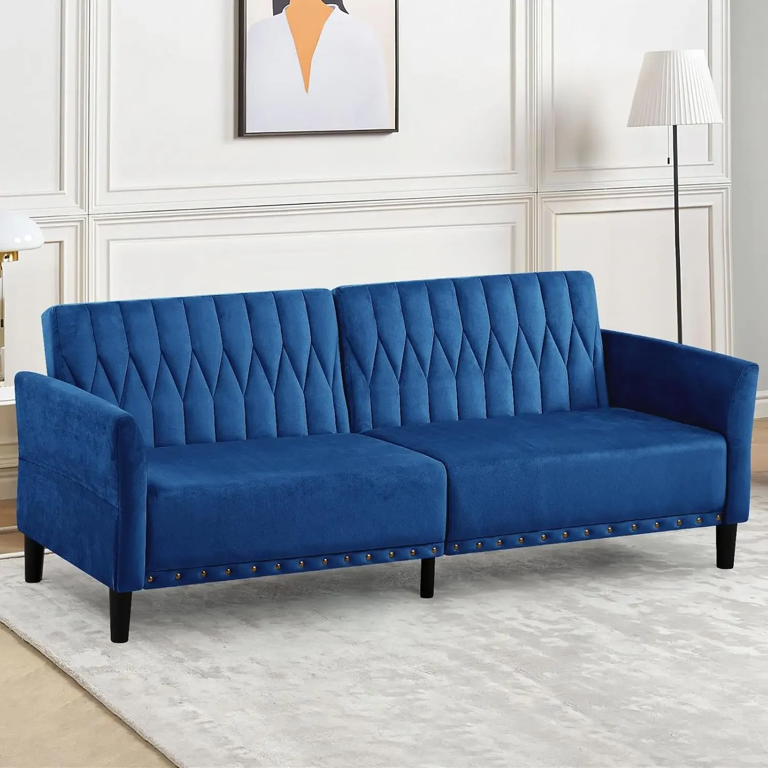 77” Velvet Sofa Bed with Adjustable Armrests and Backrests, Blue | Tufted Convertible Futon Couch with Nailhead Trim, Loveseat M