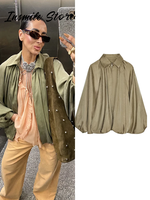 Puffed Bomber Women's Jackets Casual Pleated Turn-down Collar Lantern Sleeve Woman Spring Jacket 2025 Green Femme Outerwears