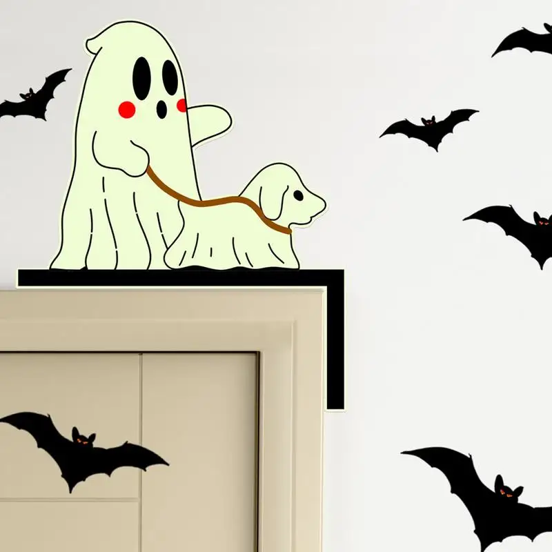 Halloween Door Frame Stickers Ghost Dog Walker Back Adhesive Spooky Door Toppers Stickers Multifunctional Glow In The Dark