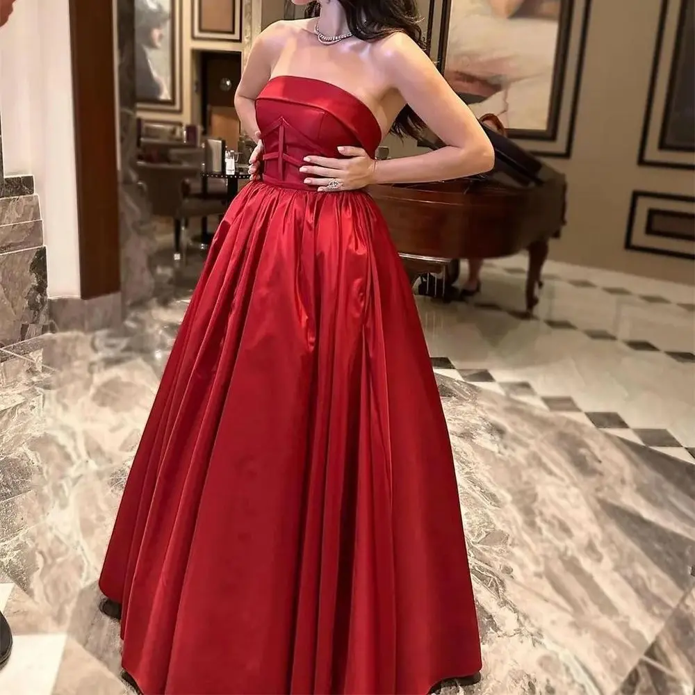 

Strapless Backless Evening Dresses Simple A-line Pleat Sleeveless Prom Gown Floor Length Sweep Train Party Dress فساتين السهرة