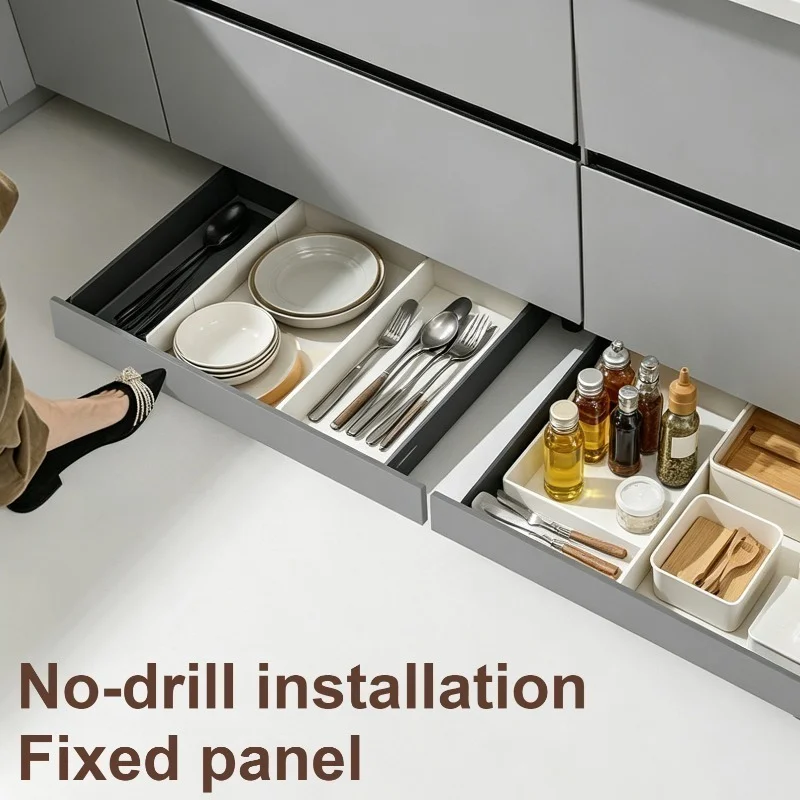Metal Kitchen Drawer Storage Rack Pull-out Organizer Holder No-Drill Spice Cutlery Storages Cabinet for Toe Kick Kitchen Drawers