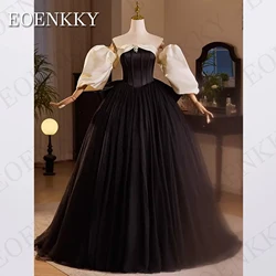 Puff Sleeves Black Prom Dresses 2024 Luxury Strapless Tulle A Line Performance Dress For Women With Satin Bow вечернее платье