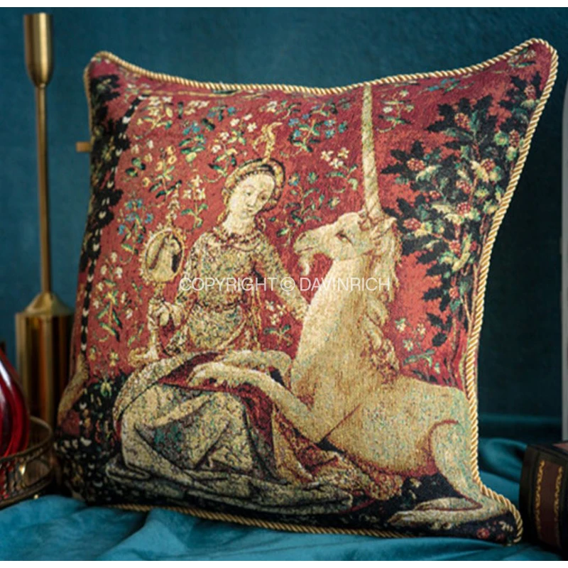 DAVINRICH Italian Renaissance Throw Pillow Covers The Lady And Unicorn Double Sided Jacquard Cushion Case For Living Room Couch