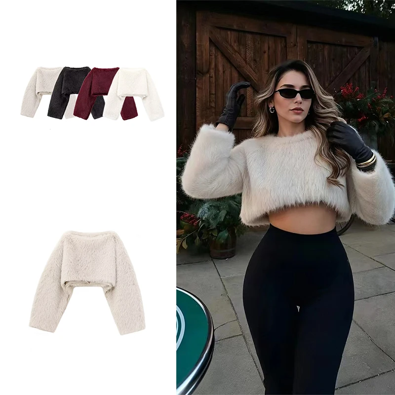 Guobioziy Women's Off-Shoulder, Cropped Plush Pullover Jacket for Fall 2026 Pure and Cute Style Party Dates Loose Fit Faux Fur
