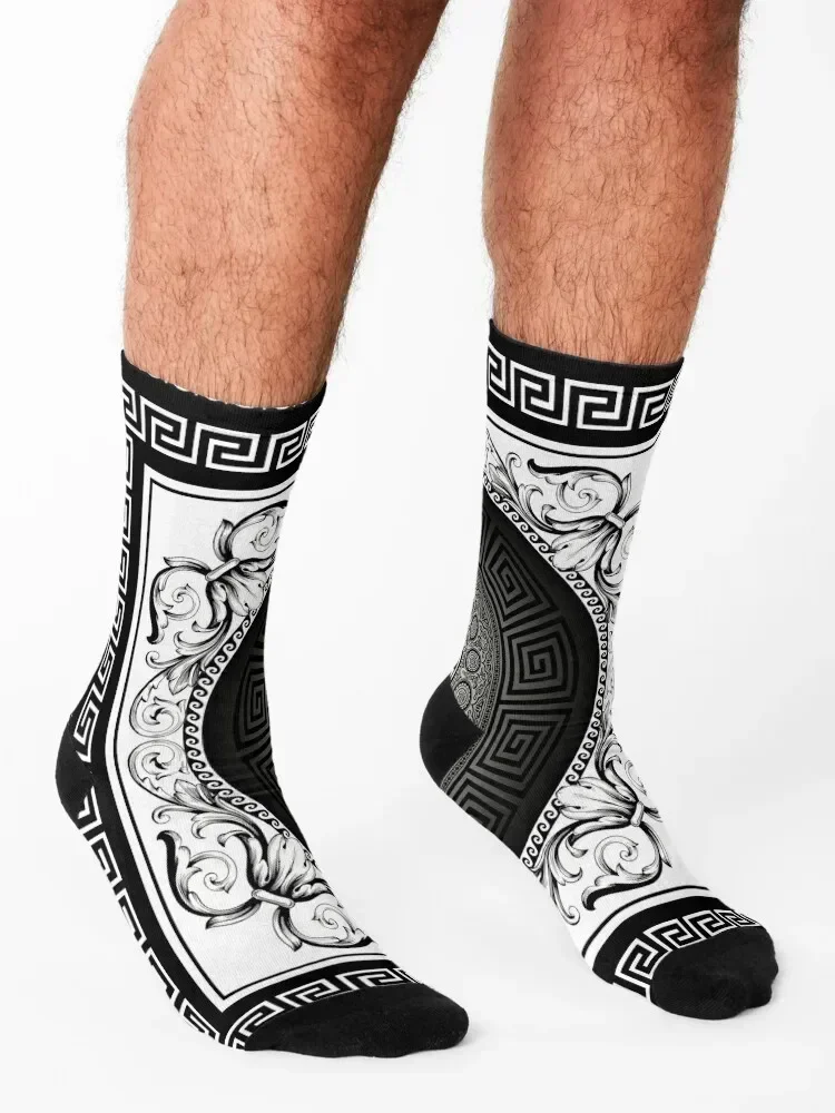 White Black Greek Meander Baroque Socks crazy man gifts custom Socks Ladies Men's
