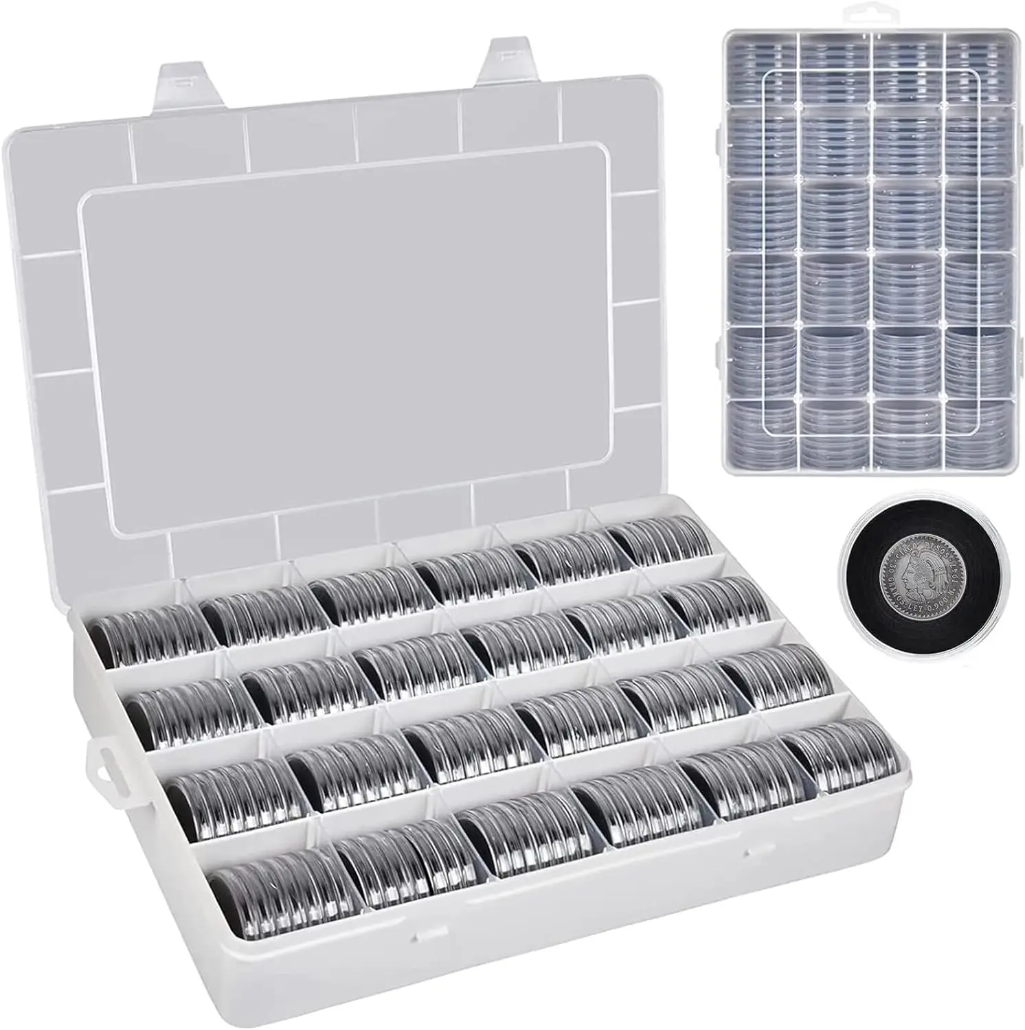 168 Pcs 46mm Coin Capsules Case with Foam Gasket and Plastic Storage Organizer, 7 Sizes (16/20/25/27/30/38/46mm)