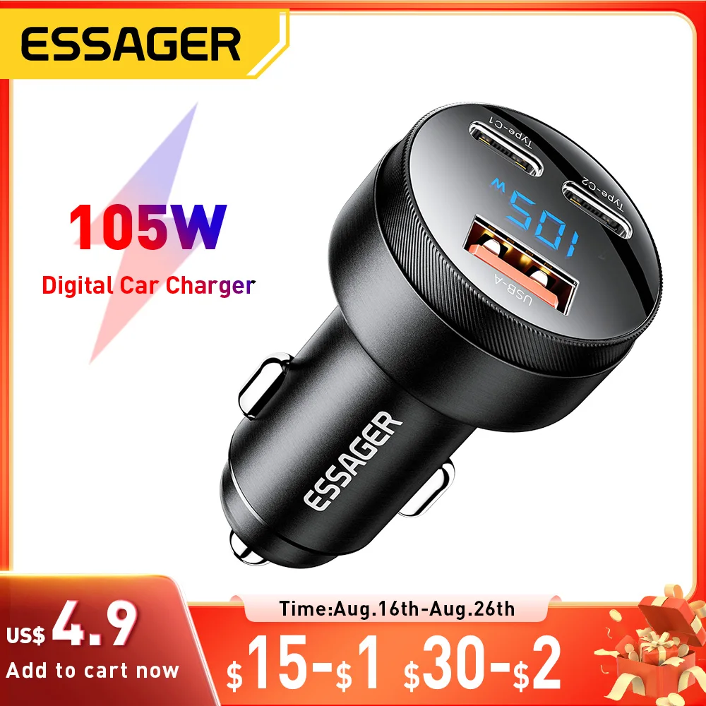 Essager USB C Autoladegerät 105 W Schnellladung PD3.0 QC4.0 3.0 SCP PPS USB Typ C Schnellladung für iPhone 15 14 13 Samsung Xiaomi