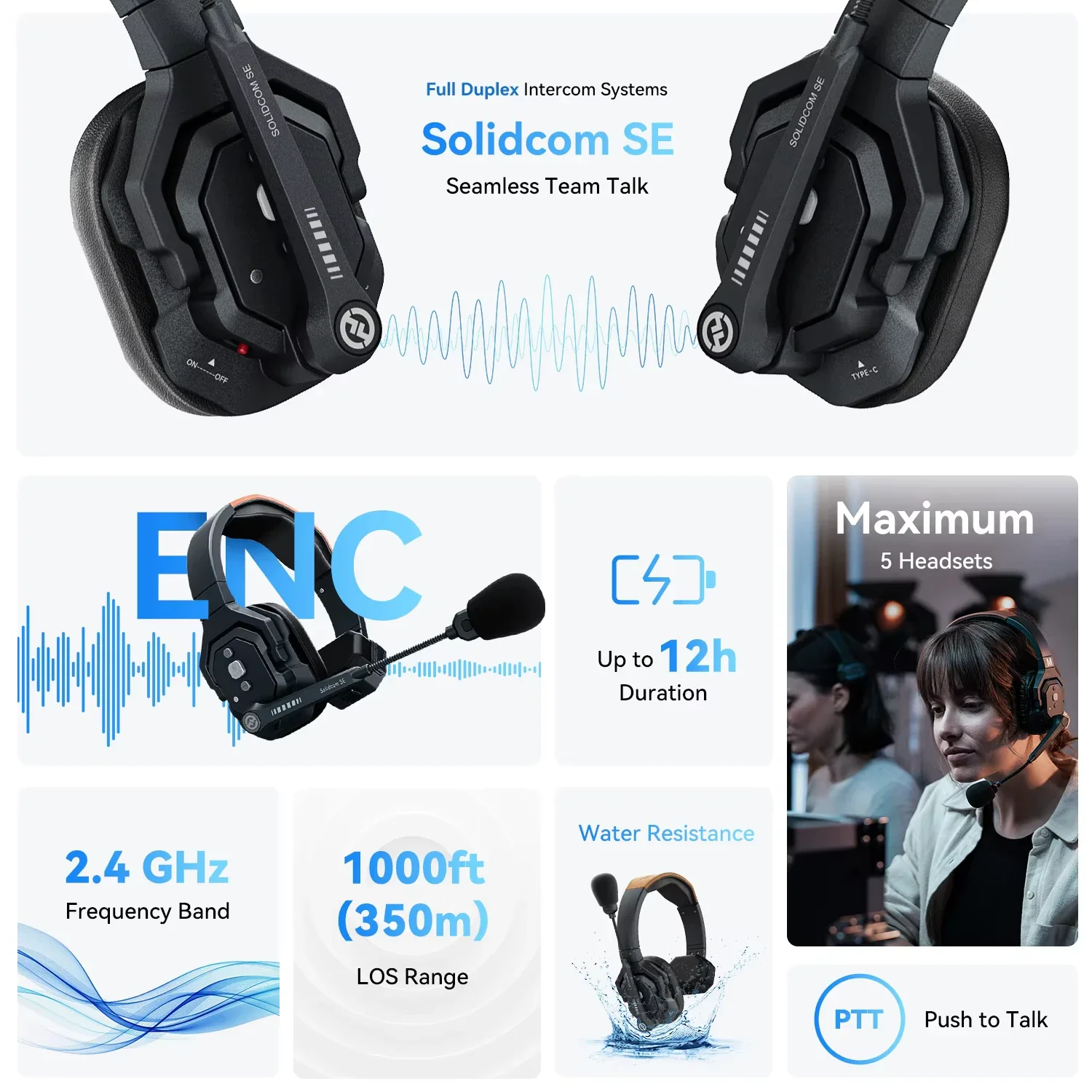 Solidcom SE كامل دوبلكس 2.4G ENC إلغاء الضوضاء نظام سماعة رأس لجهاز الاتصال الداخلي اللاسلكي 1100ft فريق الاتصالات