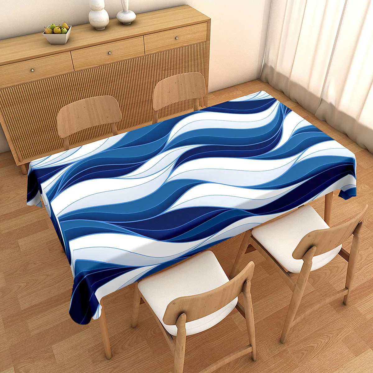 JIT 1Pc Circular or Rectangular Decorative Tablecloth - Blue and White Striped Printed Tableclothzyc