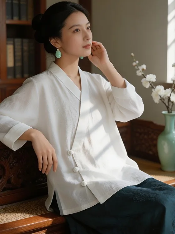 New Chinese Style Women's Long Sleeve Cotton Linen Shirt Loose Fit Collar Traditional Hanfu Tea Costume Top Breathable Moistu...