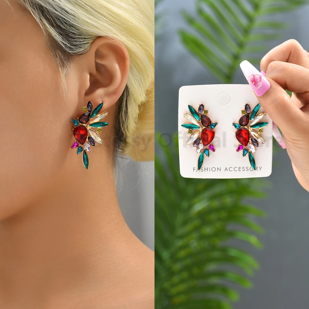 Colorful Shiny Rhinestone Glass Wings Shape Earrings For Women Luxury Elegant Alloy Jewelry Party Geometric Piercing Ear Studs