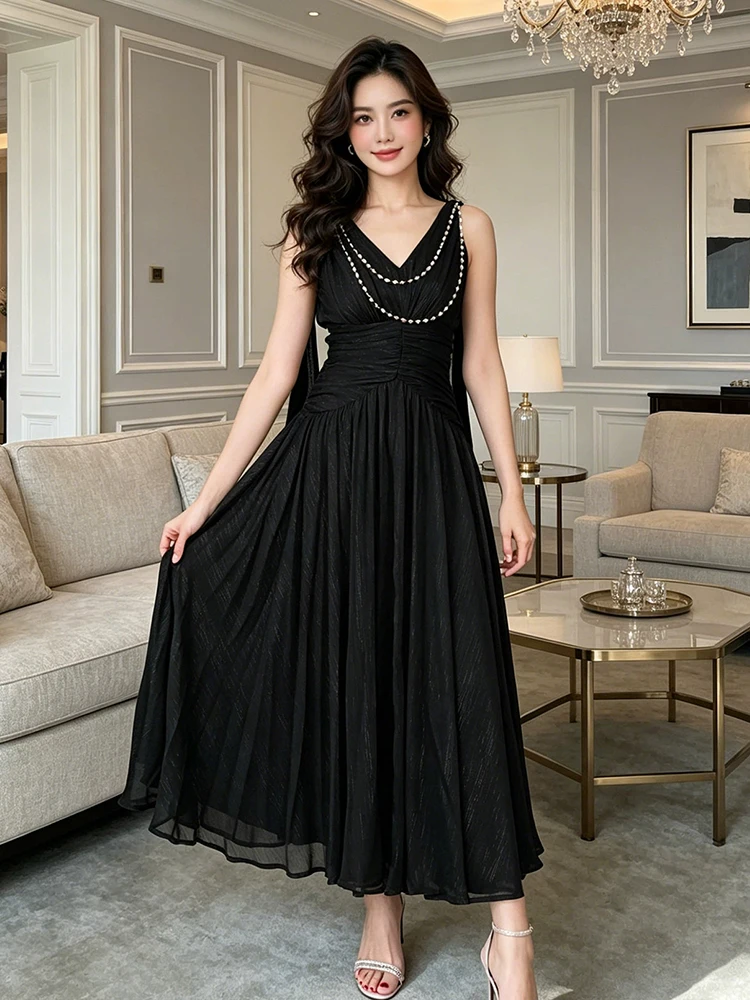 Elegantes Luxuriöses Glänzendes Maxikleid Damen Sexy V-Ausschnitt Hohe Taille Schlankes Langes Kleid Robe Date Formelle Party Abendkleid Urlaub Neu