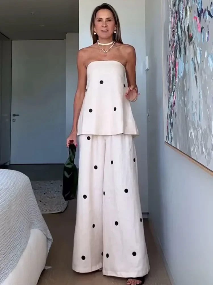 

Casual Round Print High Waist Loose Women Pants Suit Fashion Off Shoulder Backless Top Suits 2025 Lady Spring Chic Outfit