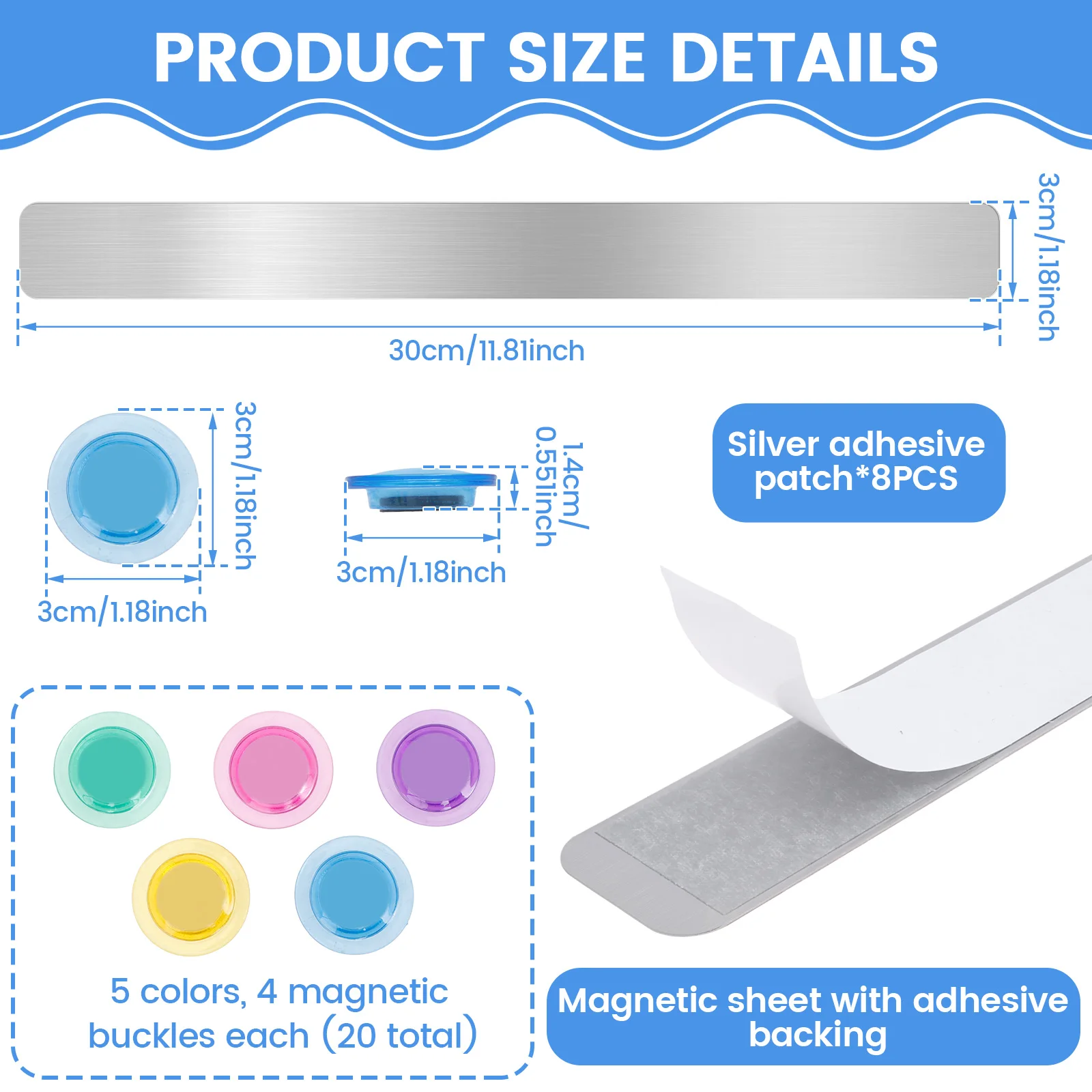 8 قطعة شرائط اللوحة المغناطيسية للصور جدار نشرة مذكرة مجلس الحديد شريط حائط مغناطيسي مع 20 مغناطيس للمنزل مكتب الفصول الدراسية