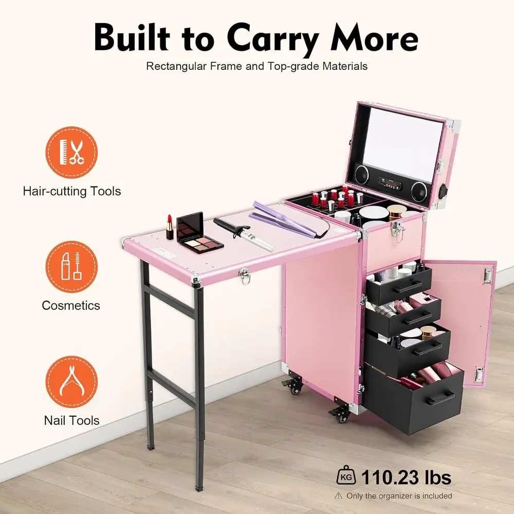 Portable Rolling Nail Technician Table with Audio, Professional Makeup Storage and Wheels for 4 Chairs