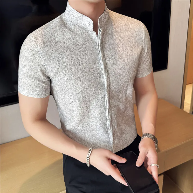

4XL-M Summer Men's Shirts Fashion Ice Silk Breathable Short Sleeve Mens Dress Shirt Slim Fit Stand Collar Casual Prom Tuxedo Man