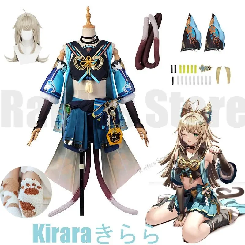 Kiara Cosplay Kostüm Perücke Ohr Schwanz Kawaill Katze Spiel Genshin Impact niedlichen Kikara Kleid Halloween Kitty Kostüm für Frauen Mädchen