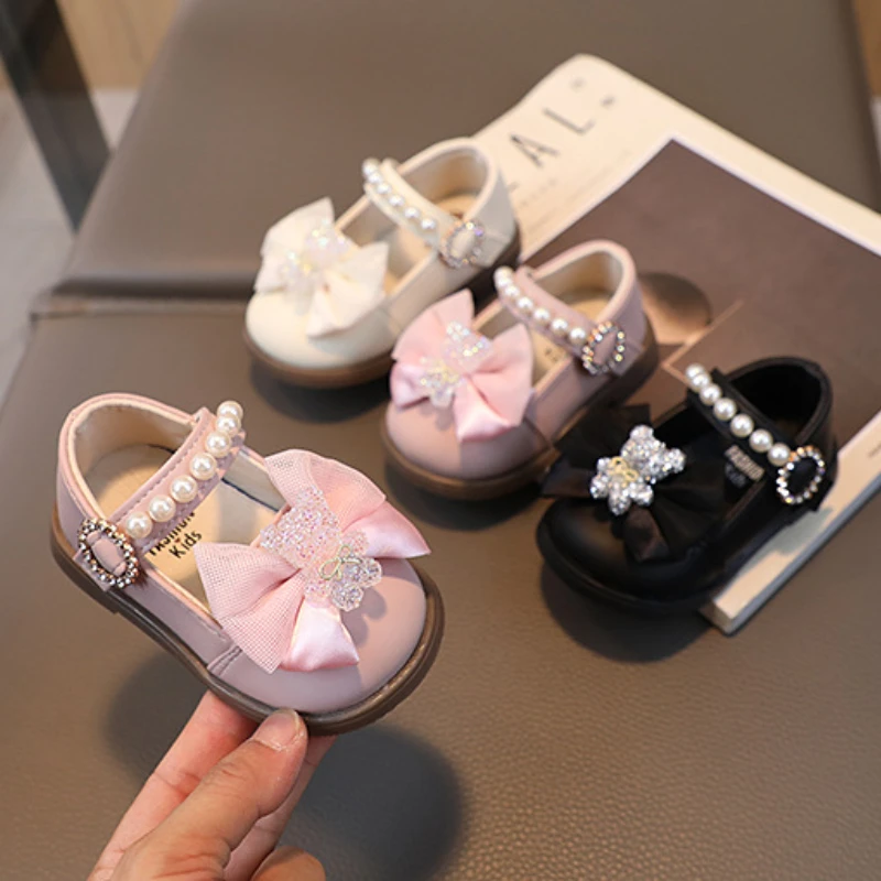 Baby Girl Leather Shoes Kids Bow Pearl Princess Shoes Shallow Soft Sole Cute First Walkers Infant Toddler Cartoon Single Shoes