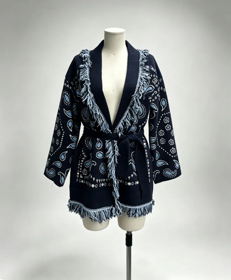 new European American 2026 autumn winter new printed tassel shawl cardigan sweater women's coat casual slimming women cardigans