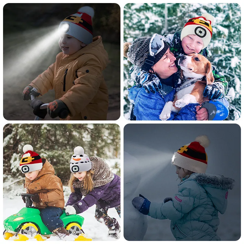 LED Flashlight Beanie Hats for Kids, Rechargeble Washable LED Head Lamp Hat, Winter Warm Caps with Lights Handfree for Outdoor