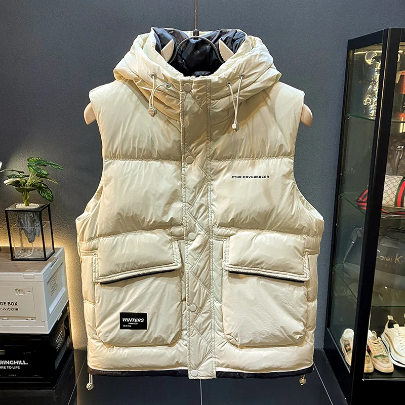 White Duck down Warm Hooded down Jacket Vest Men's and Women's Vest Fashionable High-End Waistcoat Autumn and Winter Coat