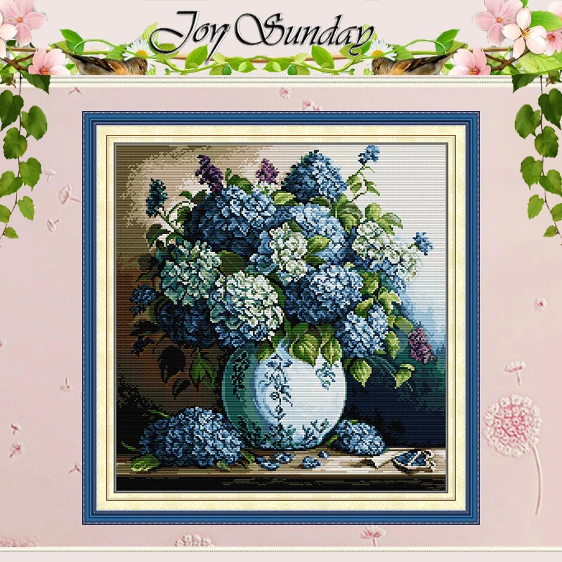 Blue Hydrangea Flower Patterns Counted Cross Stitch Set DIY 11CT 14CT 16CT Stamped DMC Cross-stitch Kit Embroidery Needlework