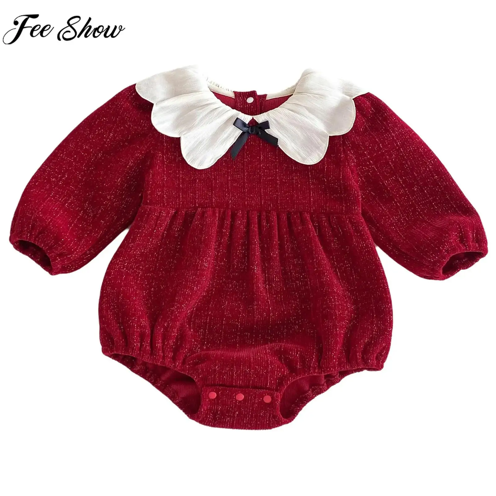 

Baby Girls Christmas Costume Long Sleeve Sweet Cute Bowknot Buttons Rompers for Xmas New Year Baptism Birthday Party Photography