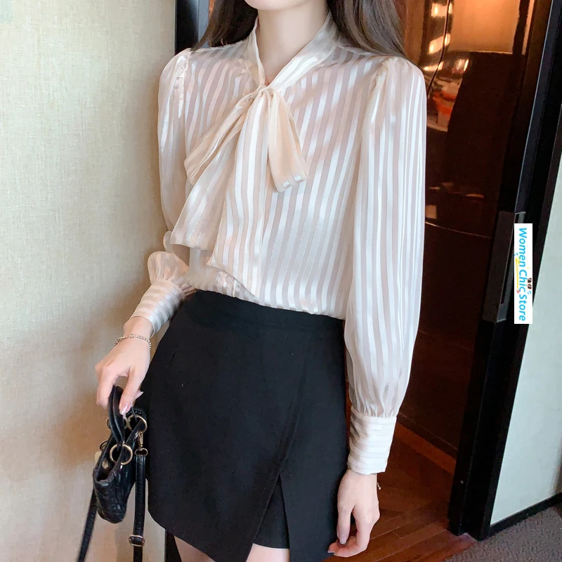 

Women Tops Bow Tie Collar Long Sleeve Stripe Shirt Spring Autumn Office Lady Elegant Chic Korean Style Loose Blouse Camisas 8618