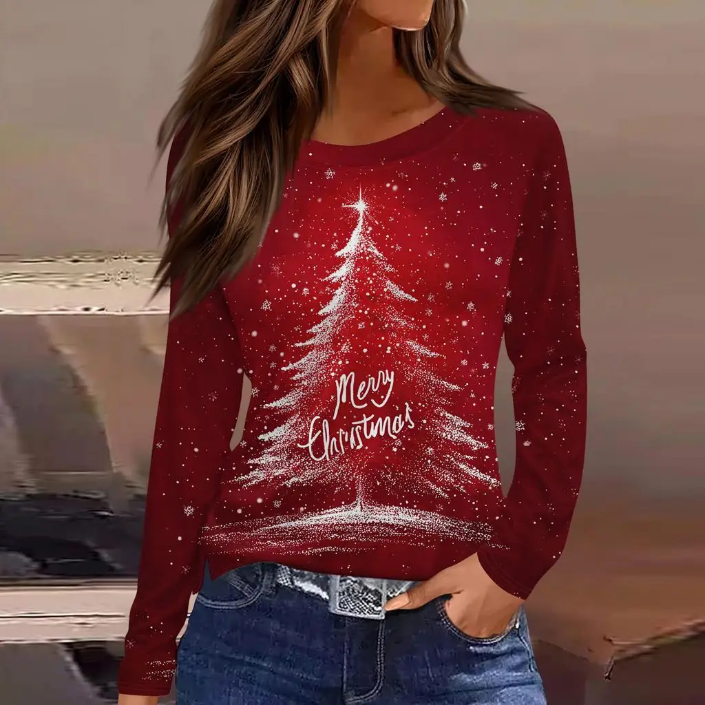 Christmas style women's 3D Christmas tree print pullover round neck long-sleeved T-shirt festive color casual loose autumn top