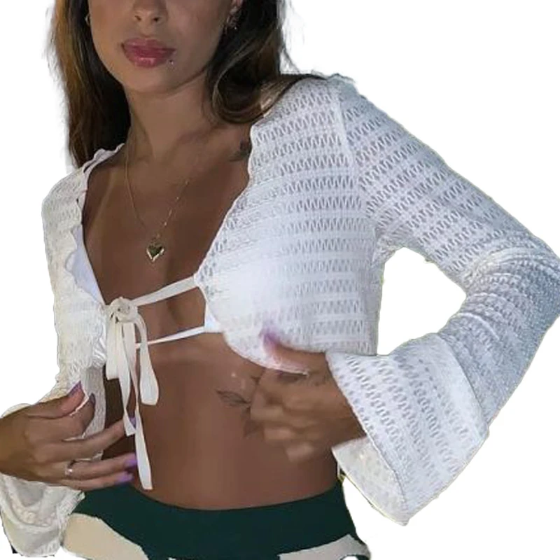 เสื้อสเวตเตอร์ถักแบบตาข่ายสำหรับผู้หญิงเสื้อครอปแขนยาวผูกด้านหน้าแบบเซ็กซี่