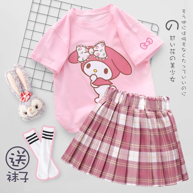 

My Melody Girls T-Shirt Jk Uniform Skirt Kawaii Sanrio Anime Kuromi Dress Summer Sweet Cute Babys Bow Two Piece Set Clothes Gift