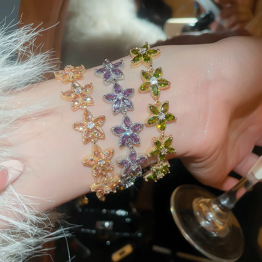 

Delicate Flower Shape Zircon Champagne Green Purple Link Chain Women Bracelet Wedding Party Fashion Jewelry Christmas Gifts 1677