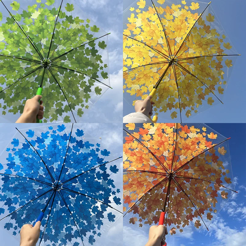 Maple Leaf Clear Umbrella: Fresh and Light Straight-Shank Umbrella, Instagram-Style Trendy Long-Handled Umbrella, DIY Umbrella