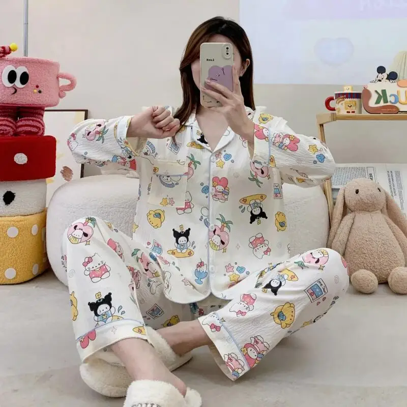 

Sanrio Hello Kitty Women's Pajamas Kawaii Cartoon Young Girl Autumn Leisure Long Sleeves Long Pants Lapel Homewear Set New Style
