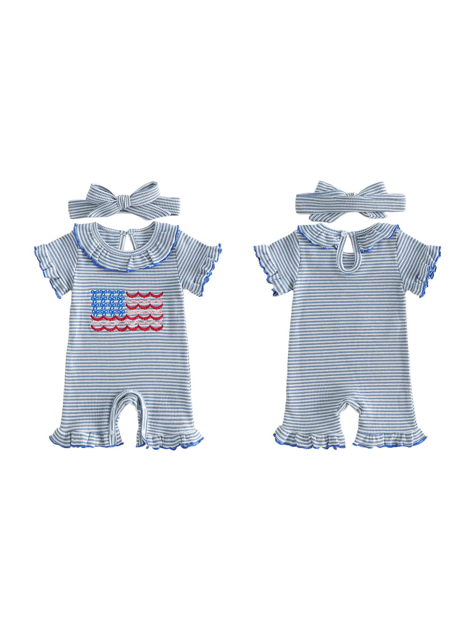 

Cute Toddler Girls Independence Day Clothing Set with Patriotic Stars and Stripes Design Sleeveless Romper and Matching