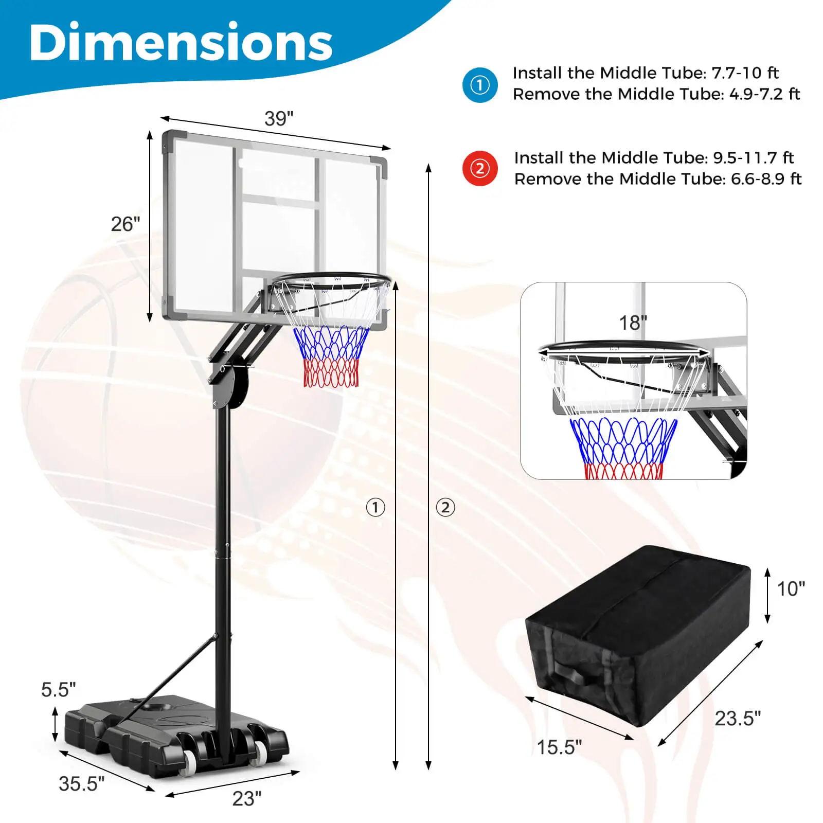 Portable Basketball Hoop System 4.9-10 FT Adjustable W/Weight Bag Wheels Outdoor