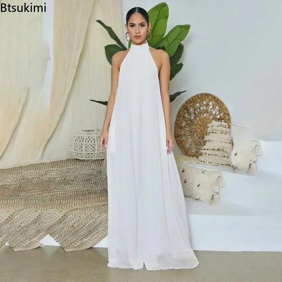 2024 Nowe damskie solidne szyfonowe luźne kombinezony wiązane na szyi Seksowne spodnie z szerokimi nogawkami bez pleców Moda Impreza Elegancka