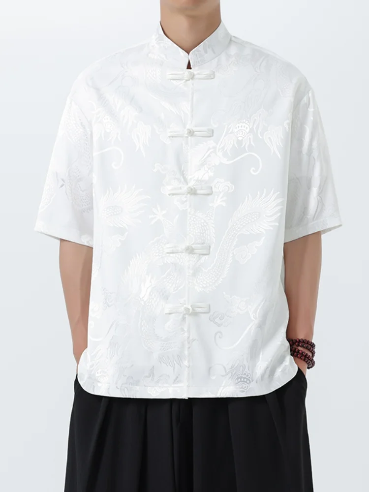 

Ice Silk ort Sve Men's irt with Embroidered Floral Pattern And Button up Top for Summer New Chinese Sle Men's Clothing