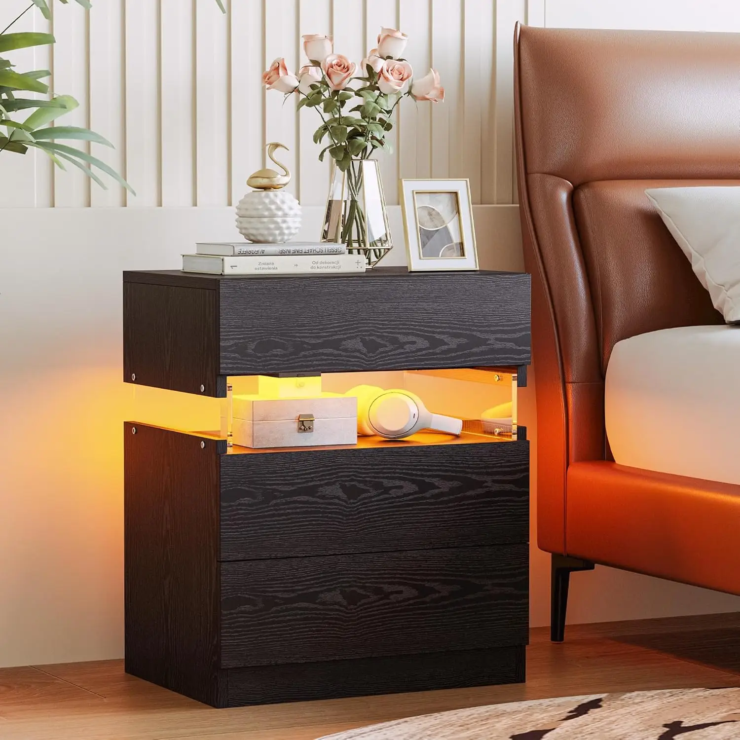 

IRONCK Night Stand, LED Nightstand with 3 Drawers, Modern Bedside Table with Storage, End Table for Bedroom