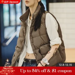 Maden Chaleco sin mangas para mujer de otoño e invierno Relleno de plumón de pato blanco Cuello alto chaleco cálido Chaleco casual ligero para usar fuera Chaleco unisex para parejas de color sólido