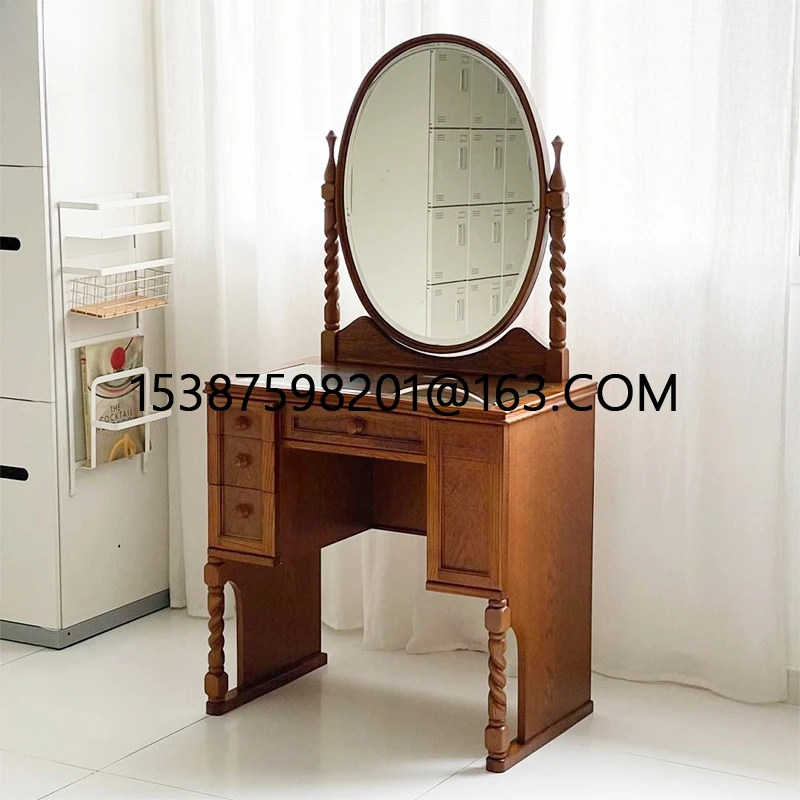 Retro solid wood dresser bedroom storage cabinet light luxury small apartment glass cover makeup table y