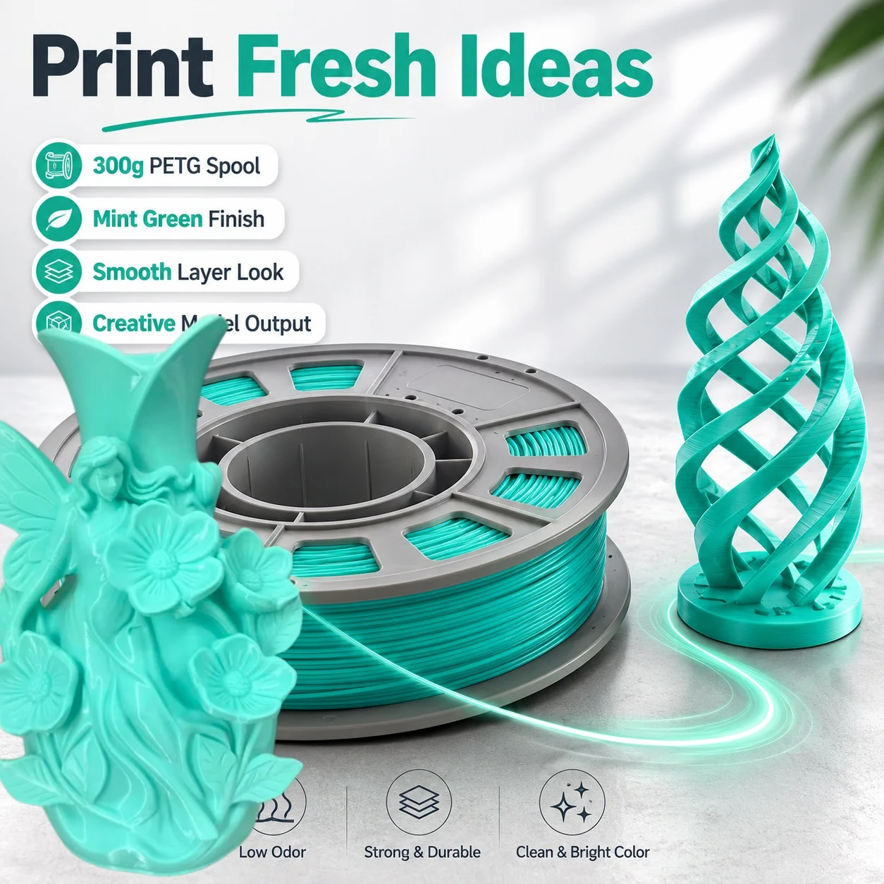 300g Mint Green PETG Filament 1.75mm, High Toughness & Durable 3D Printer Filament, Tangle-Free Smooth Extrusion Compact Spool for Functional Parts and DIY Models