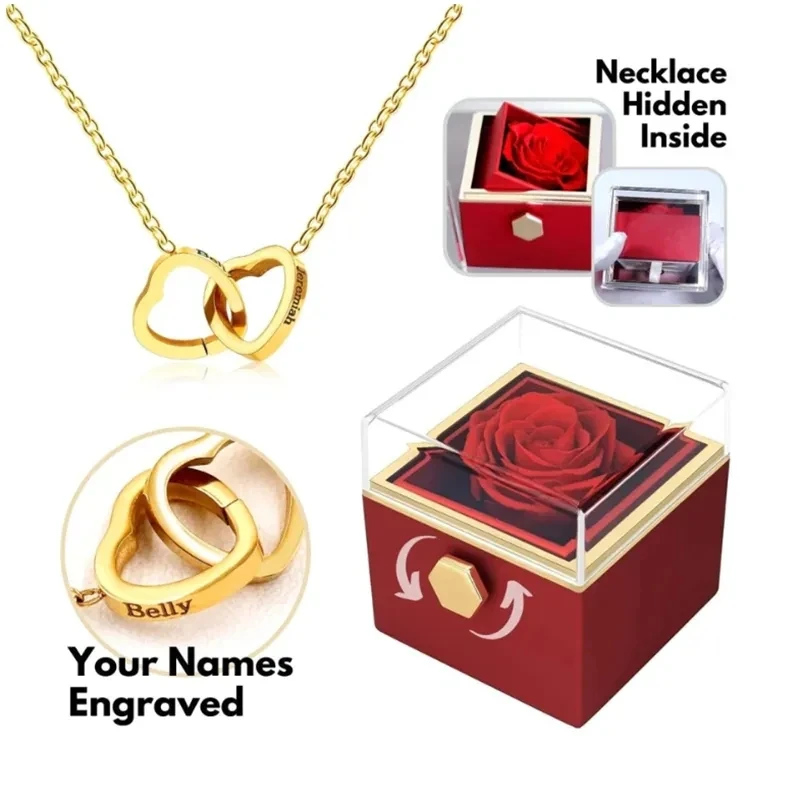 

Customized Necklace Double Heart Engraved Name Steel Necklace Eternal Rose Box For Women Valentine's Day Gift Box 2023