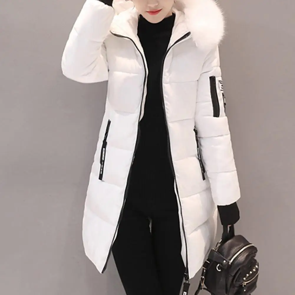 Women Winter Fur Collar Hooded Parka Fashion Letter Patch Zipper Pockets Design Long Jacket Elegant Slim Warm Thick Female Coats