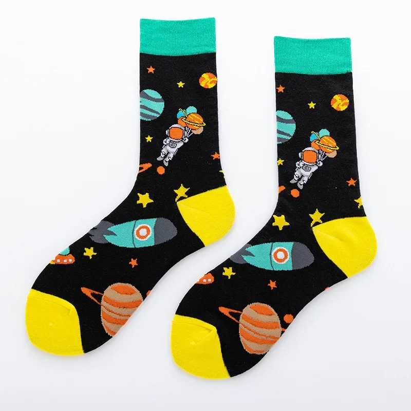 6 Pairs Unisex Funny Socks Space Printi Cotton Midi Crew Socks Sports Football Socks for Women Men Boys Girls Hip-hop